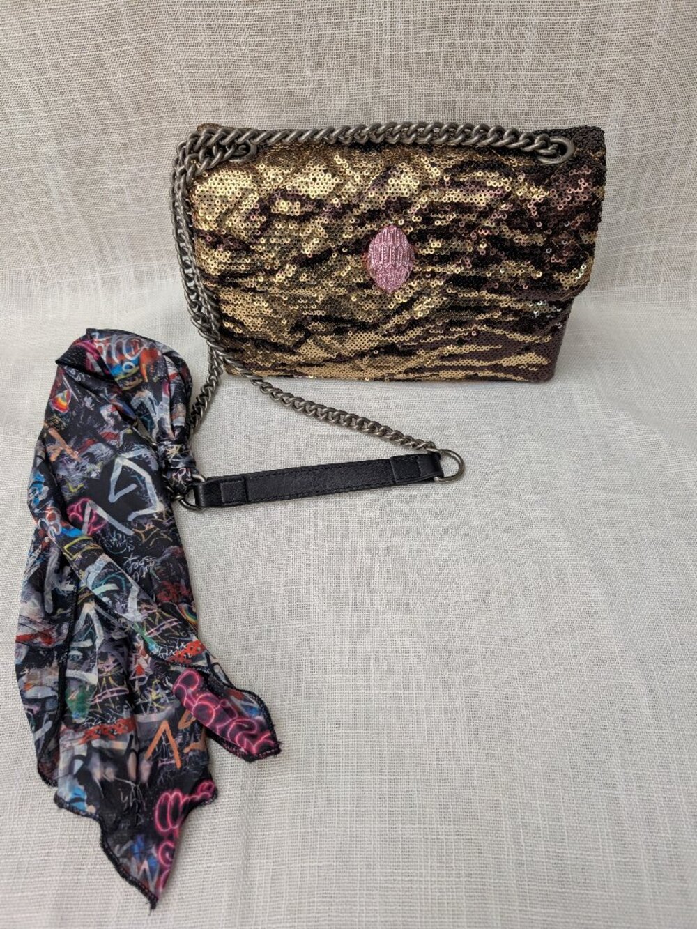 Kurt Geiger London Kensington Zebra Sequin Shoulder Bag w/ Pink Eagle Head Clasp